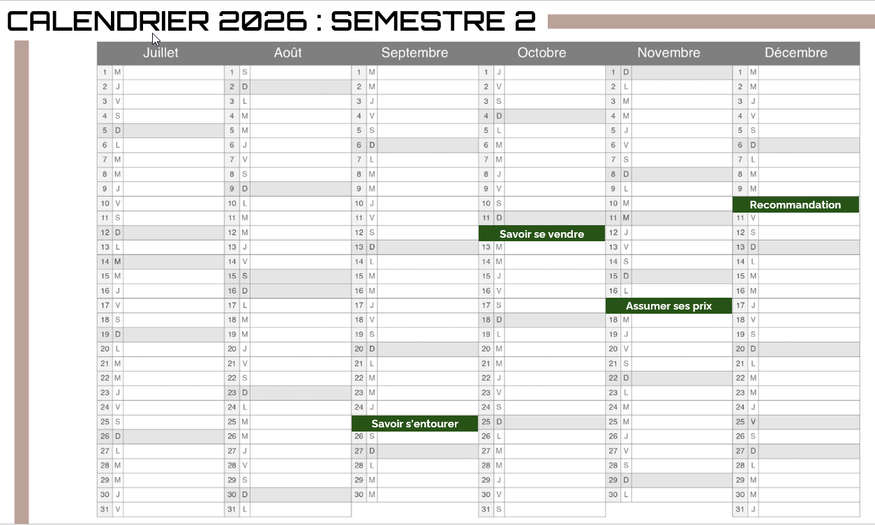 CALENDRIER SEMESTRE 2 2026